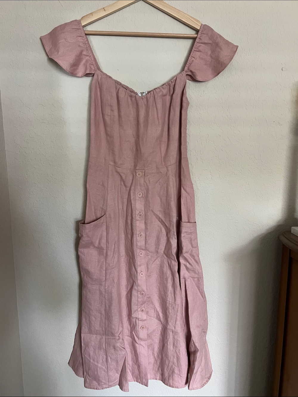 Reformation Linen Off-Shoulder Button Midi Dress Pink Size 6